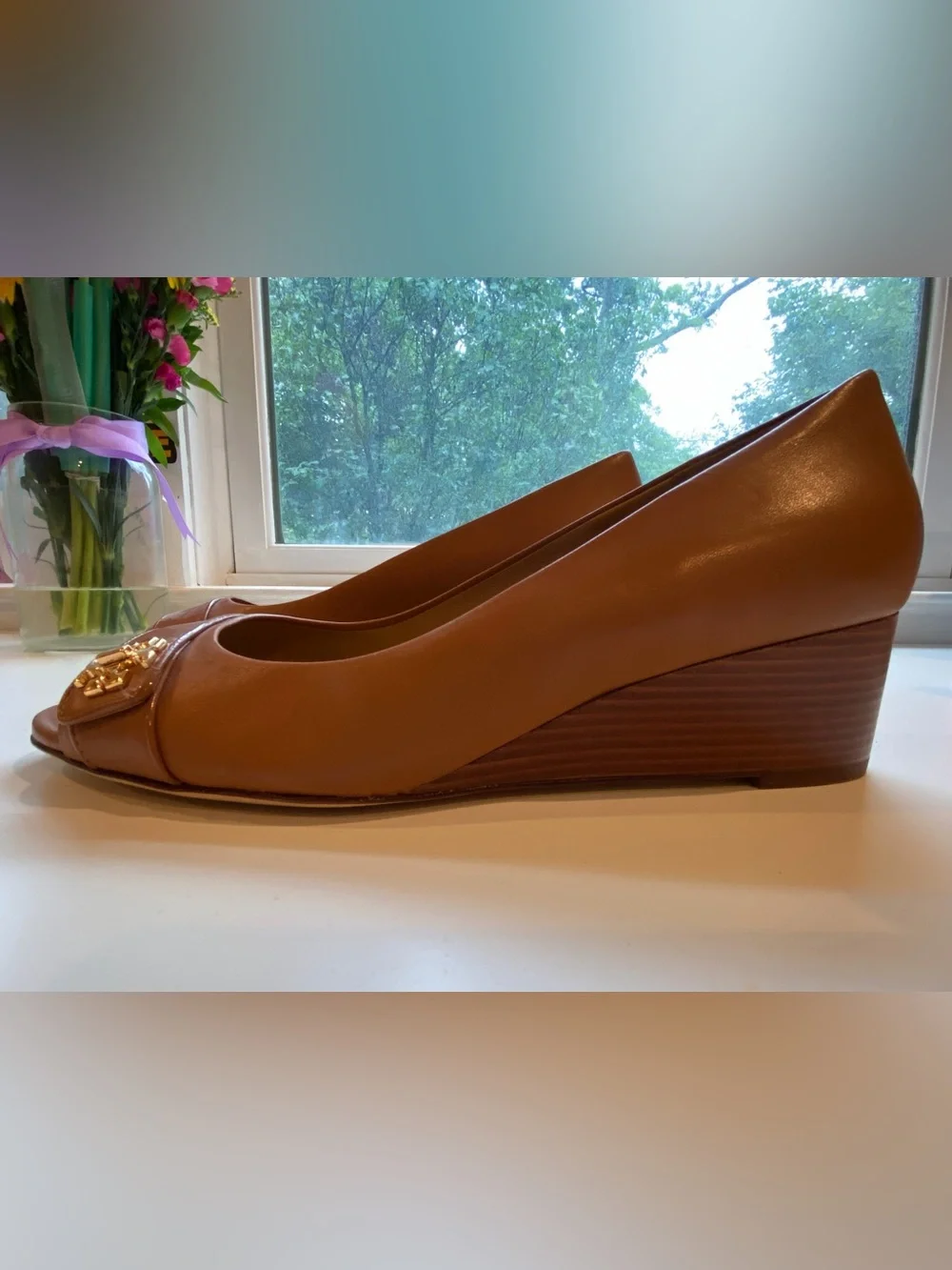 Tory Burch peep toe in camel with wood grain wedge